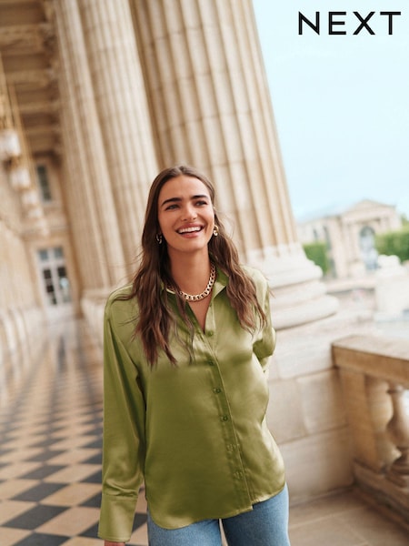 Olive Green Long Sleeve Satin Shirt (N23566) | €9