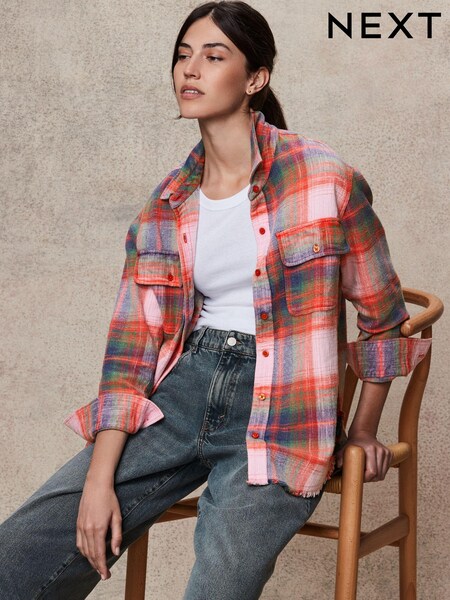 розовый Проверено - 100% Cotton Long Sleeve Frayed Hem Shacket (N23581) | €16