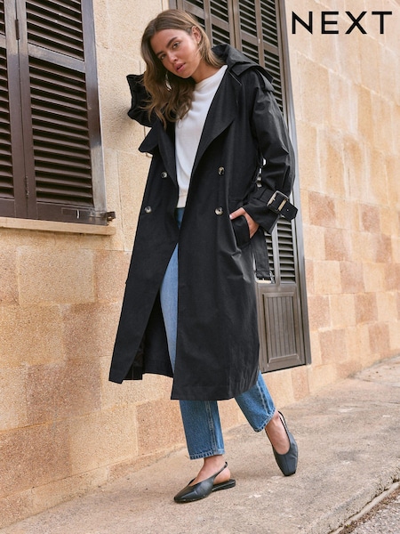 Black Belted Trench Hooded Double Breasted Coat (N23803) | AED178