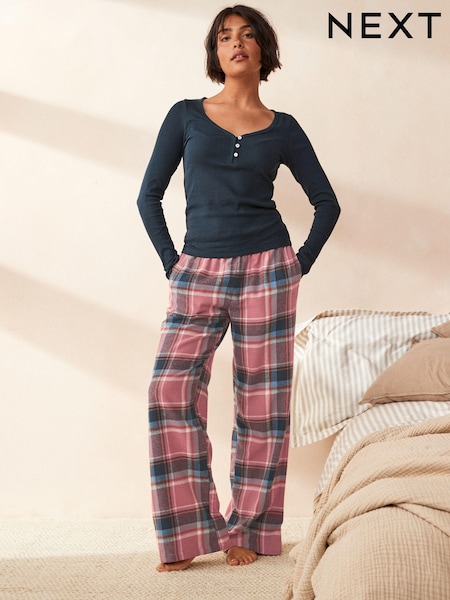 أزرق داكن/وردي مربعات - Ribbed Long Sleeve Pyjamas (N23836) | ‏88 ر.ق.