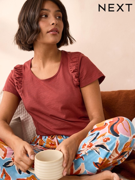 Blue Floral Ruched Sleeve 100% Cotton Pyjamas (N23844) | €13