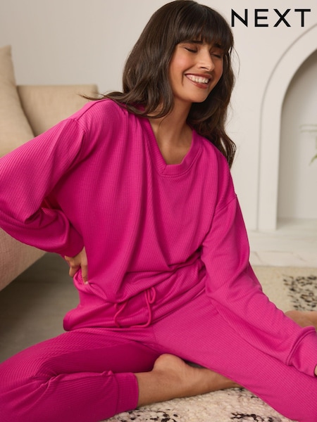 Pink Ribbed Long Sleeve Pyjamas (N23860) | AED90