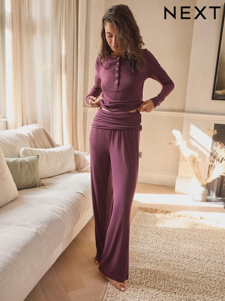 Burgundy Red Ribbed Long Sleeve Pyjamas (N23874) | €36