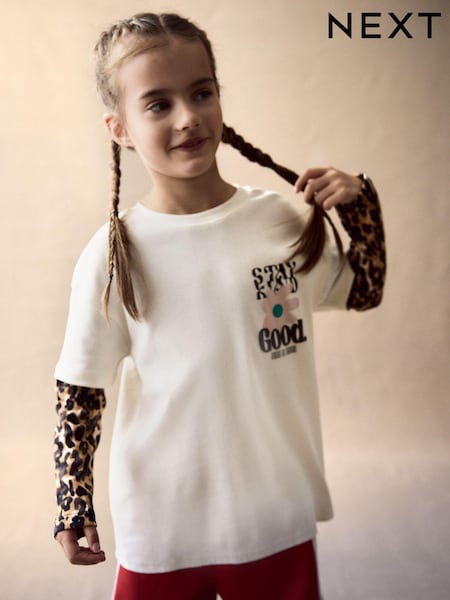 بيج فاتح - Double Layer Animal Long Sleeve 100% Cotton Graphic T-Shirt (3-16yrs) (N24022) | ‏39 د.إ.‏ - ‏ 56‏ د.إ.