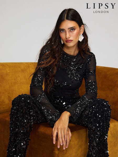 Черный - Lipsy Sequin Mesh Long Sleeve Top