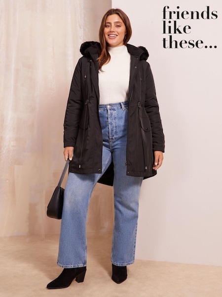 Friends Like These Black Curve Faux Fur Hood Parka Coat (N24242) | €48