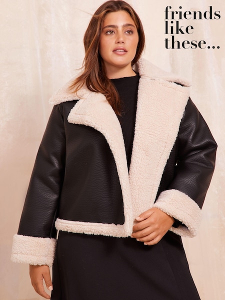 Friends Like These Curve Contrast Wrap Faux Fur Aviator Style Coat (N24246) | 342 LEI
