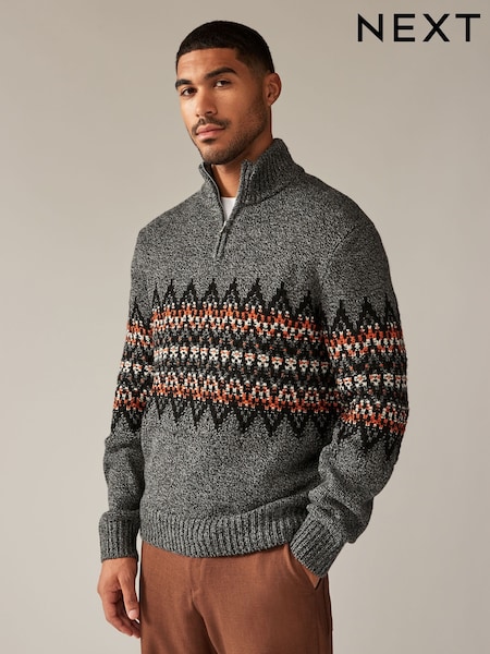 Серый - Воротник с молнией - Regular Fit Fairisle Pattern Jumper with Wool (N24329) | €21