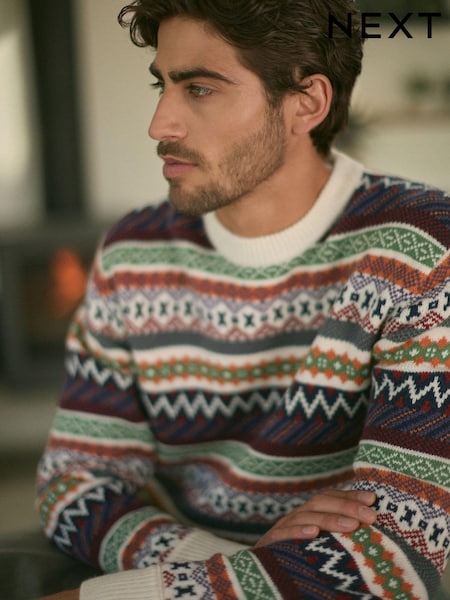Multi/Ecru White - Вырез под горло - Regular Fit Fairisle Pattern Jumper with Wool (N24331) | €20