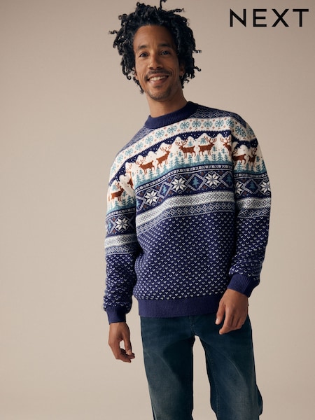 Navy Blue Crew Neck Mens Matching Family Christmas Fairisle Pattern Reindeer Jumper (N24332) | €20