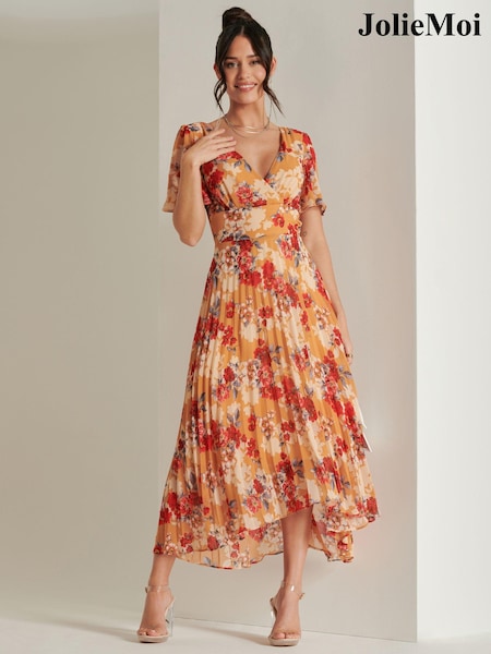 Jolie Moi Orange & Red Floral Pleated Dip Hem Chiffon Maxi Dress (N24334) | € 123