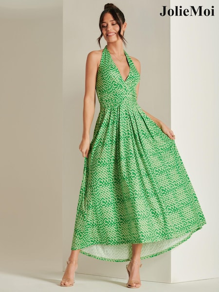 Jolie Moi Green Plunge Neck Shirred Back Maxi Dress (N24335) | € 47