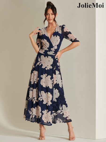 Jolie Moi Blue Daliyah Wrap Front Mesh Maxi Dress (N24339) | €108