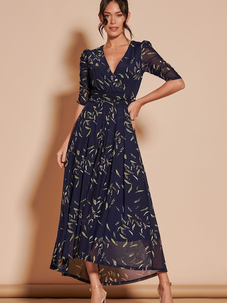 Jolie Moi Blue Dasha Ruched Sleeved Mesh Maxi Dress (N24346) | € 70