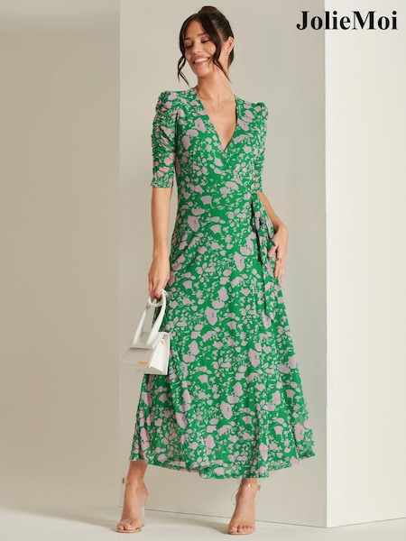 Jolie Moi Green Daliyah Wrap Front Mesh Maxi Dress (N24349) | 421 QAR
