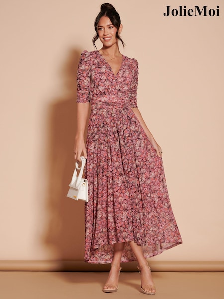 Jolie Moi Pink Dasha Ruched Sleeved Mesh Maxi Dress (N24358) | € 100