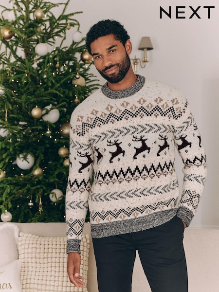 Black/White Crew Neck Matching Family Mens Christmas Fairisle Pattern Stag Jumper (N24365) | €28