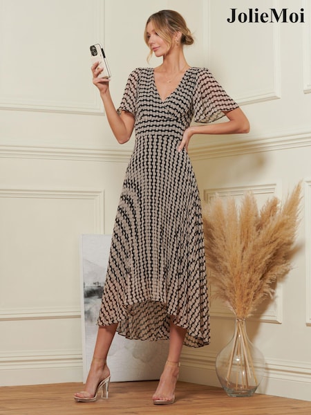 Jolie Moi Brown Spot Angel Sleeve Pleated Chiffon Maxi Dress (N24371) | 391 QAR