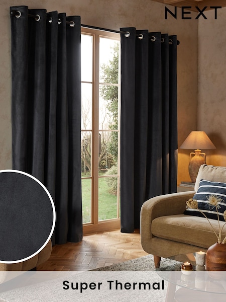 Grey Dark Charcoal Matte Velvet Super Thermal Curtains (N24378) | 294 QAR - 858 QAR