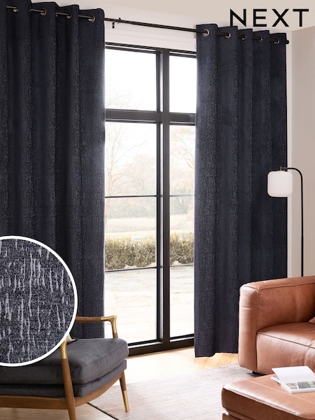 Blue Dark Navy Heavyweight Chenille Eyelet Lined Curtains (N24394) | €69 - €179