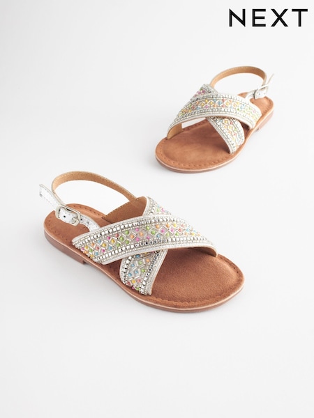 Silver Beaded Cross Strap Sandals (N24442) | €16 - €22