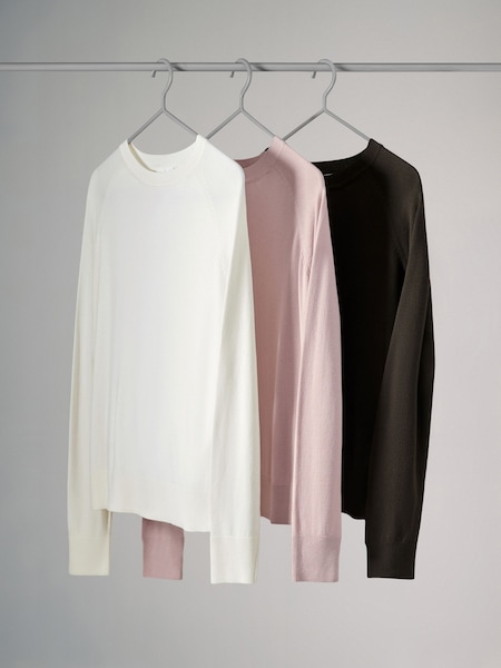 The Set Light Pink/Chocolate Brown/Cream 3 Pack Fine Knit Crew Neck Jumpers (N24794) | AED126