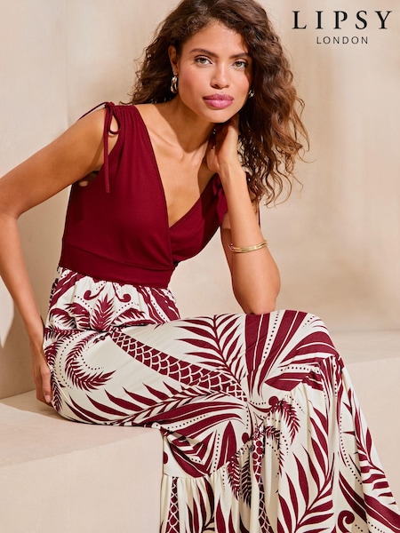 Lipsy Burgundy Red Jersey 2 in 1 Printed Summer Holiday Maxi Dress (N25376) | €21