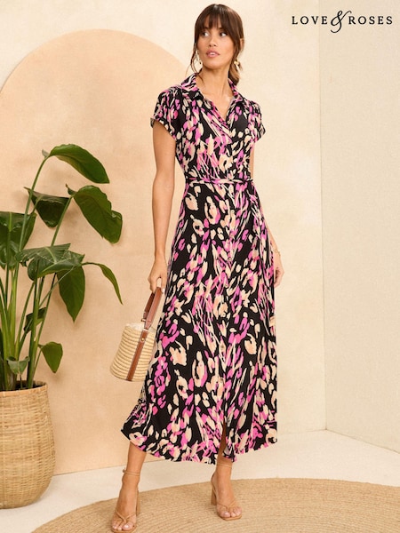 Roz cu model - Rochie midi tip cămașă Cu nasturi Love & Roses Jerseu (N25600) | 184 LEI
