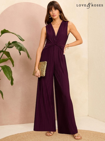 Love & Roses Burgundy Red Twist Front Pleated Jersey Jumpsuit (N25620) | 156 QAR