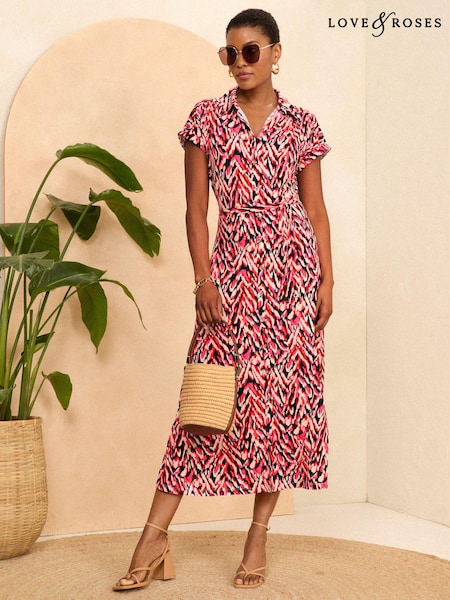 Love & Roses Jersey Midi Shirt Button Through Dress (N25621) | 184 LEI