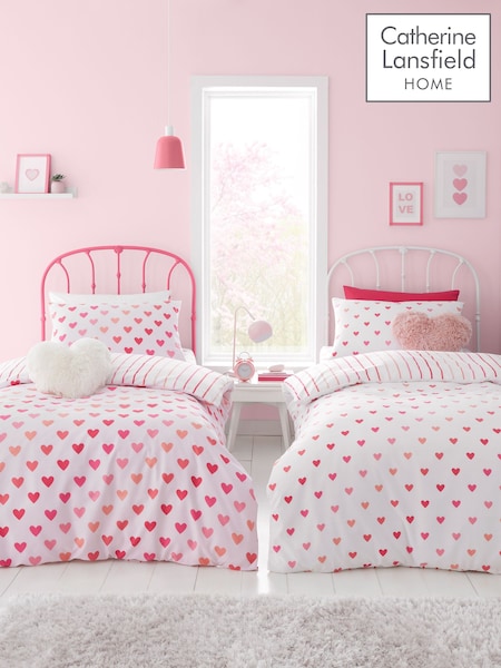 Catherine Lansfield Pink/White Twin Pack So Soft Hearts/Stripes Duvet Cover Set (N25885) | €33 - €46