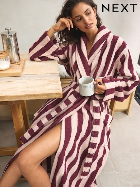 Pink/Berry Red Stripe 100% Cotton Towelling Dressing Gown (N26071) | €68