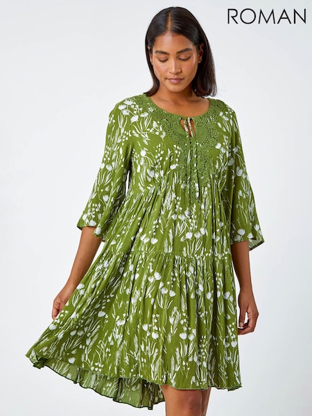 Roman Green Floral Print Lace Detail Smock Dress (N26223) | €60