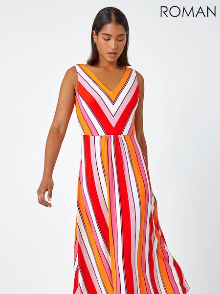 Roman Red Sleeveless Stripe Print Midi Stretch Dress (N26233) | €31