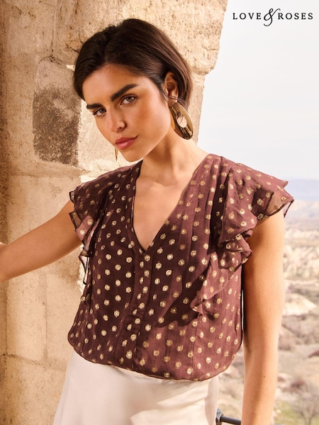Love & Roses Metallic Ruffle V Neck Tie Back Blouse (N26248) | 129 LEI