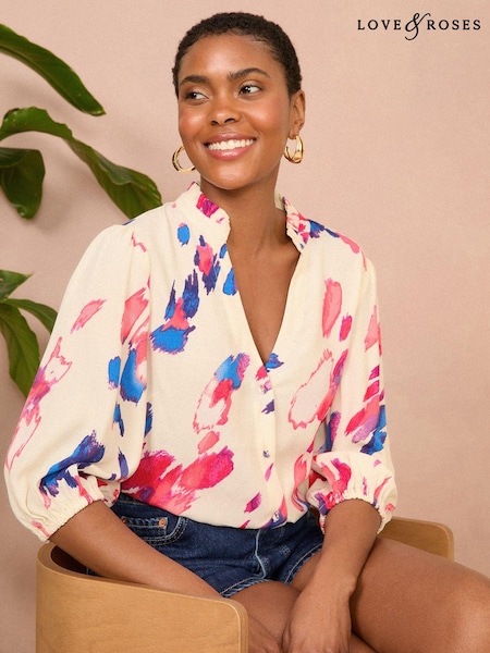 Love & Roses Ruffle V Neck 3/4 Sleeve Button Through Blouse (N26288) | 129 LEI