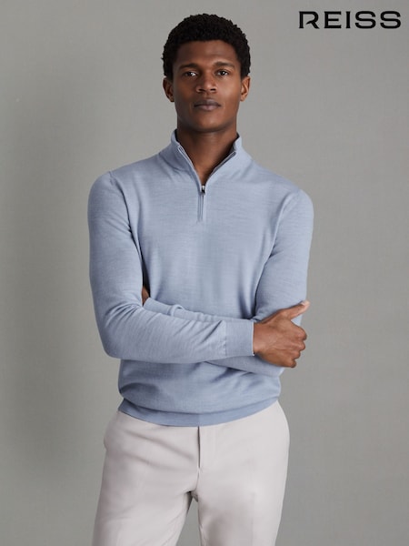 Reiss Soft Blue Melange Blackhall Merino Wool Half-Zip Funnel Neck Jumper (N26660) | €149
