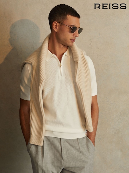Reiss White Ivor Textured Half-Zip Polo Shirt (N26684) | $195