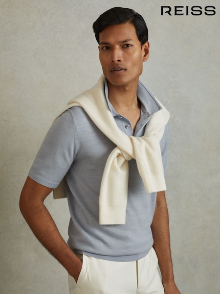 Reiss Soft Blue Melange Manor Merino Wool Polo Shirt (N26693) | $180