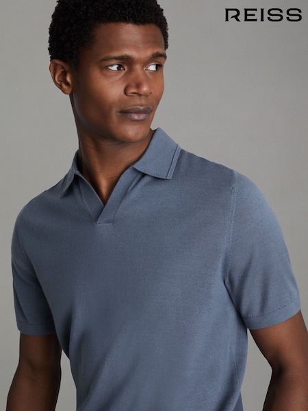 Reiss Airforce Blue Duchie Merino Wool Open Collar Polo Shirt (N26696) | €70