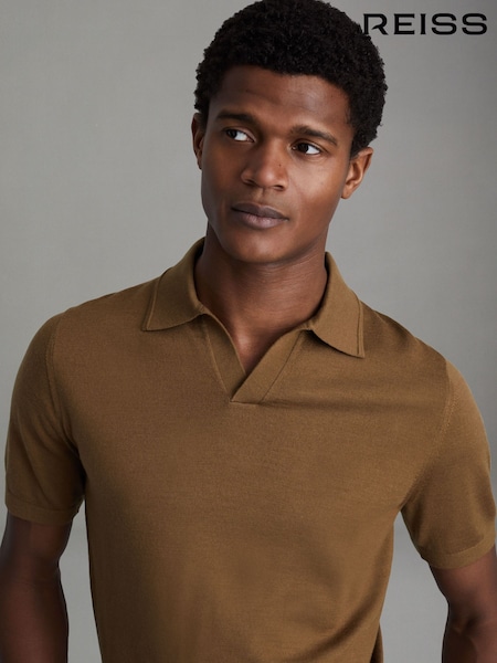 Reiss Tobacco Brown Duchie Merino Wool Open Collar Polo Shirt (N26711) | 647 QAR