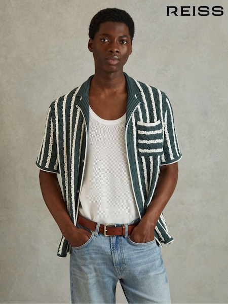 Reiss Green/White Spritz Oversized Crochet Striped Cuban Collar Shirt (N26718) | €186