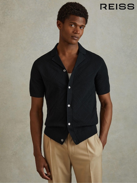 כחול כהה - Reiss Biarritz Cotton Cuban Collar Shirt (N26725) | ‏860‏₪