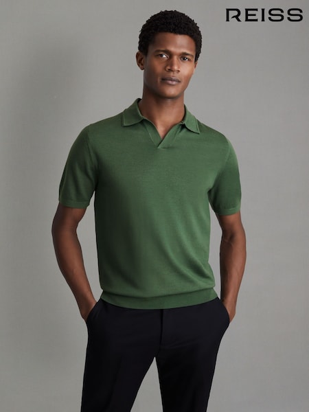Reiss Lizard Green Duchie Merino Wool Open Collar Polo Shirt (N26726) | €134