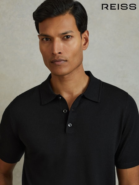 Reiss Black Manor Merino Wool Short-Sleeve Polo Shirt (N26729) | $180