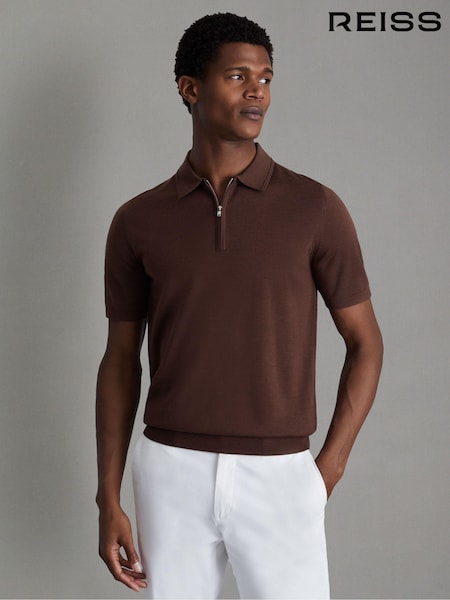بني Treacle - Reiss Maxwell Merino Wool Half-Zip Polo Shirt (N26732) | ‏634 د.إ.‏