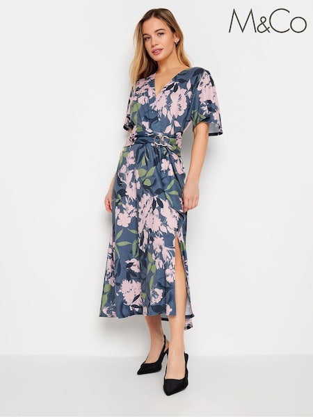 M&Co Blue Petite Floral Belted Wrap Dress (N26744) | €17