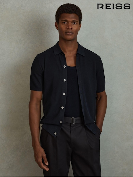Reiss Navy Bravo Cotton Blend Textured Shirt (N26758) | €160