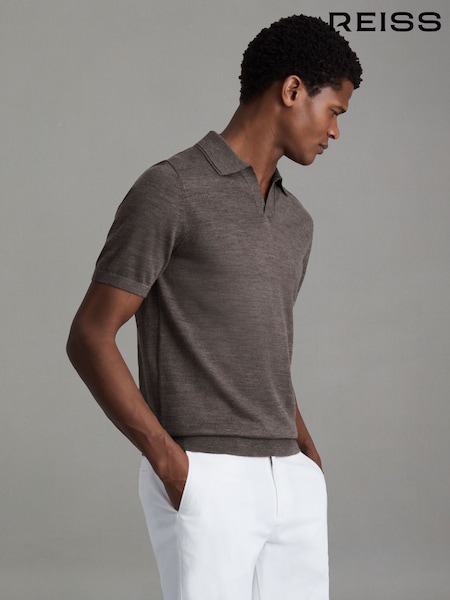 Reiss Dark Brown Melange Duchie Merino Wool Open Collar Polo Shirt (N26760) | $180