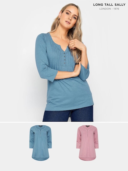Azul y rosa - Long Tall Sally 100% Cotton Henley Tops 2 Pack (N26779) | 55 €